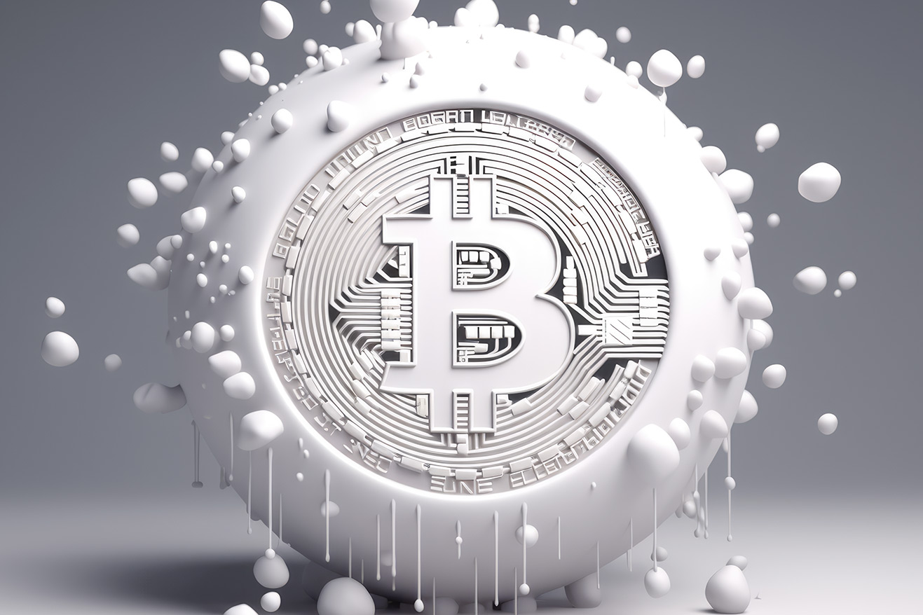 White bitcoin logo made of white foam