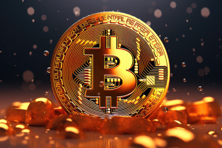 Golden bitcoin in orange crystals