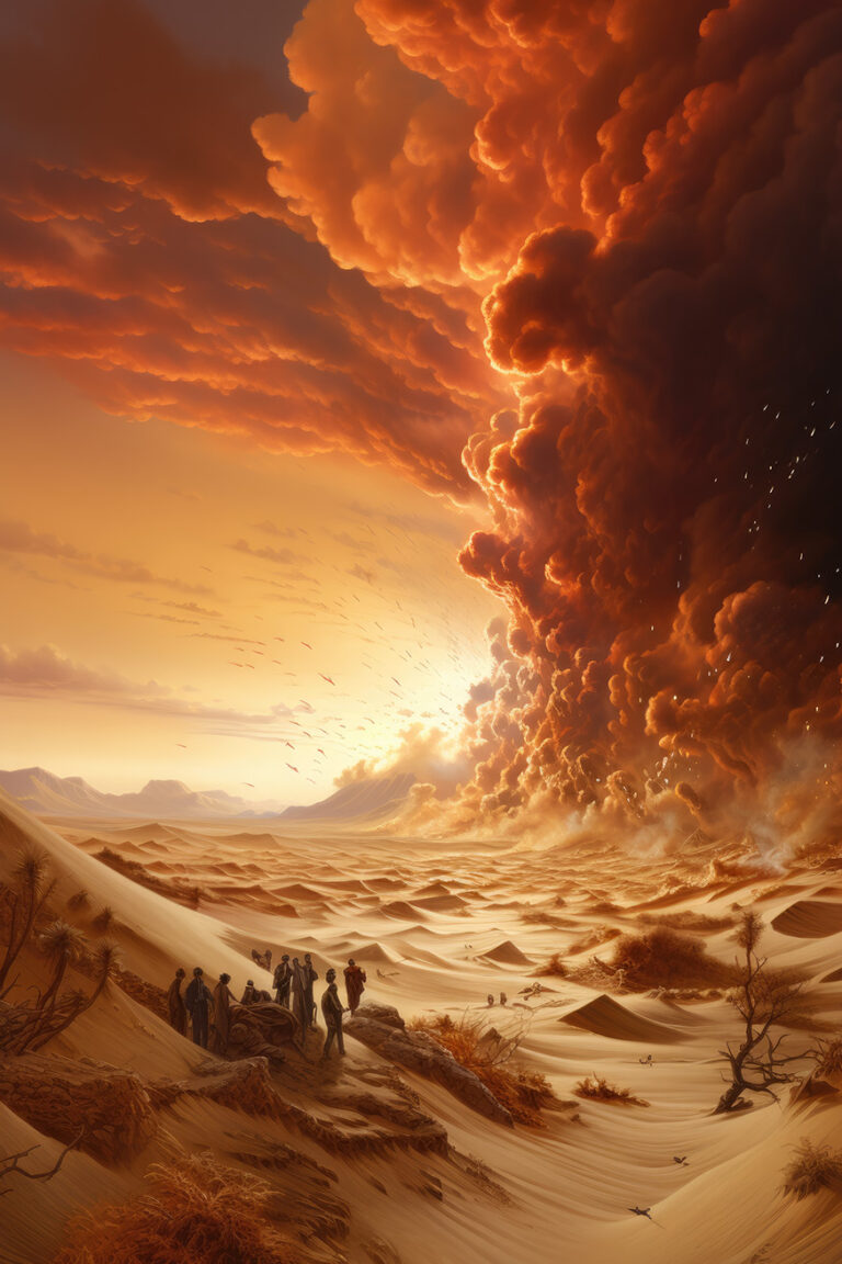 Desert with thick orange fire clouds