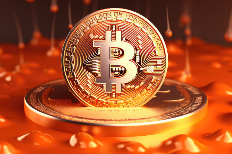 Golden bitcoin on orange water drops background