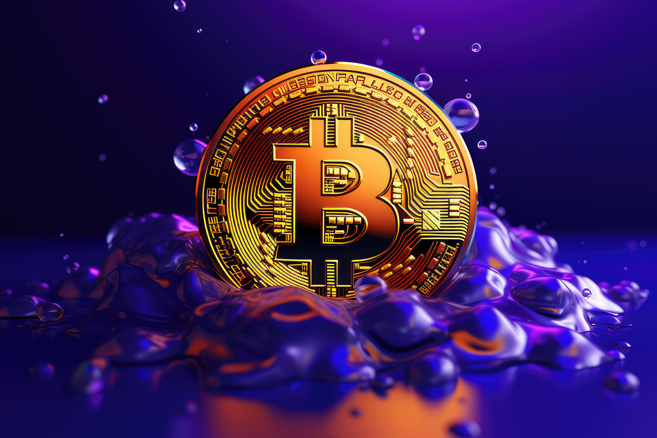 Golden bitcoin on violet background