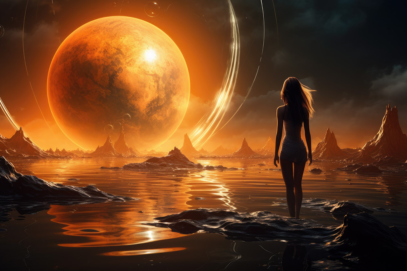 Girl looking at big orange planet near the water