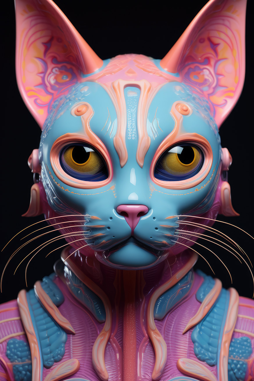 Colorful alien cat in purple colors