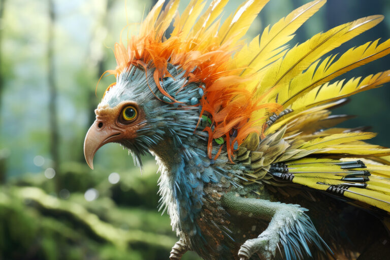 Weird colorful bird creature with yellow feathers