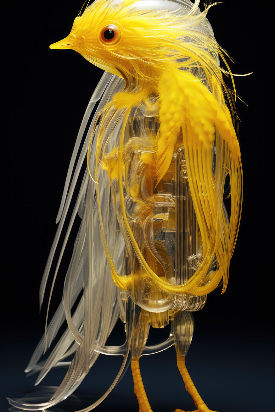 Strange transparent yellow bird creature