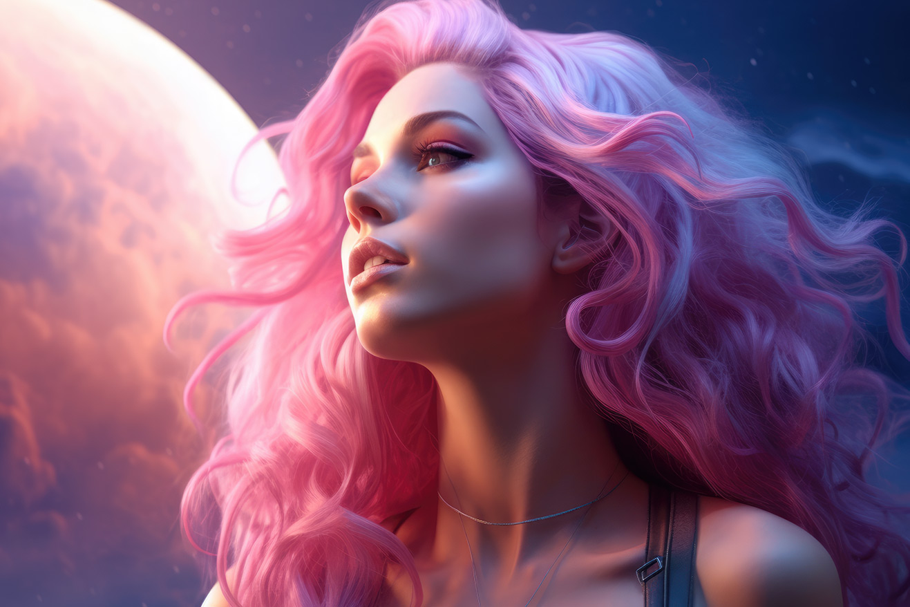 Pink hair girl near large moon