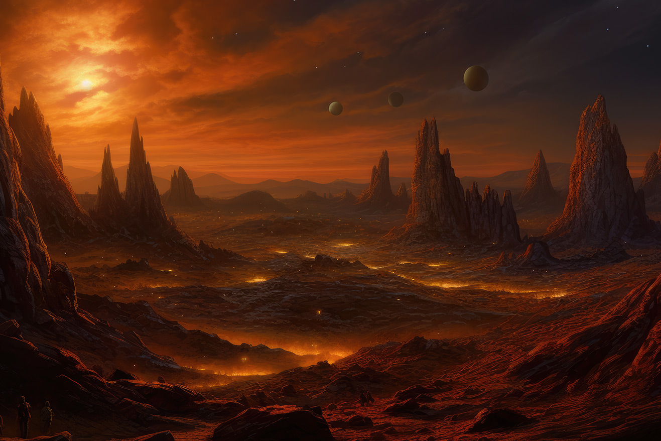 Death planet landscape with fire rivers at sunset