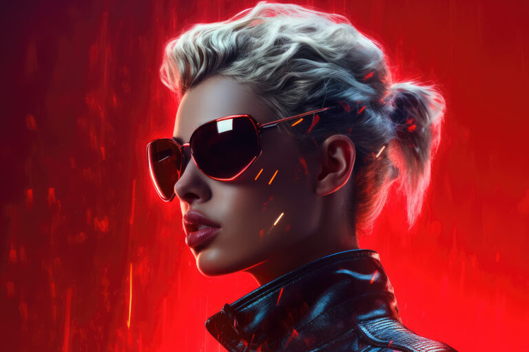 Girl in sunglasses on red background