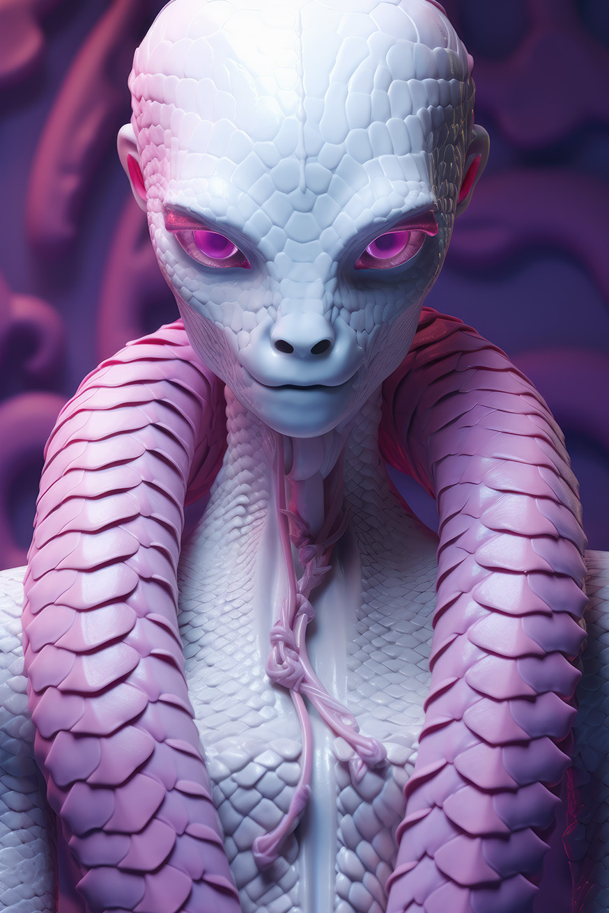 White alien with purple eyes and snake skin