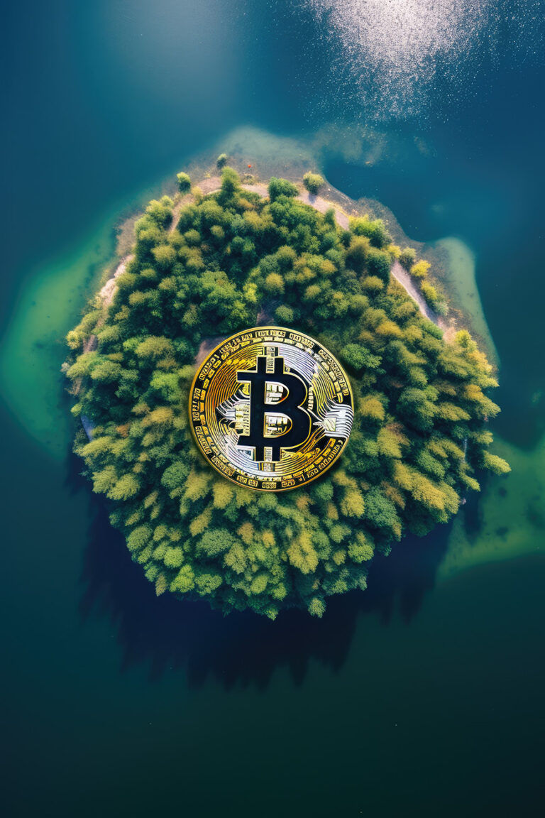 Bitcoin logo on green island, aerial view