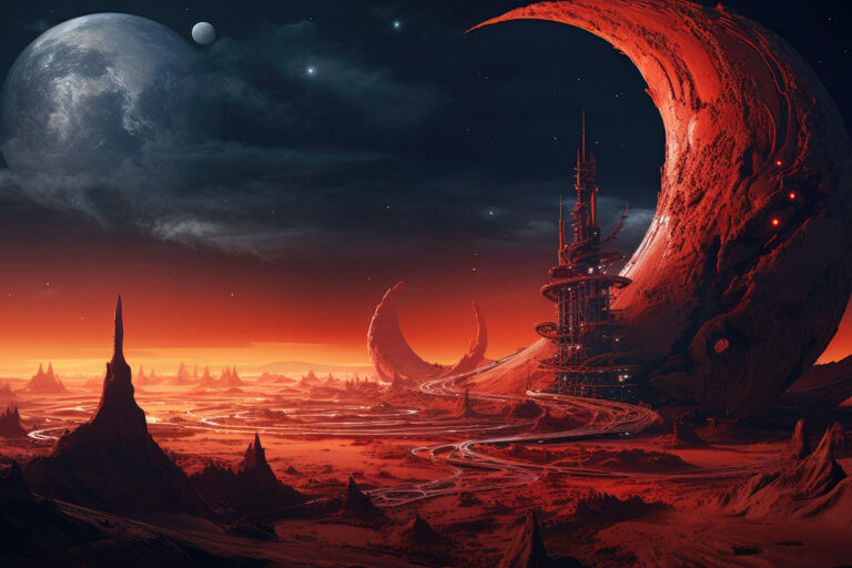 Red planet with weird towers and mountains, dark moon