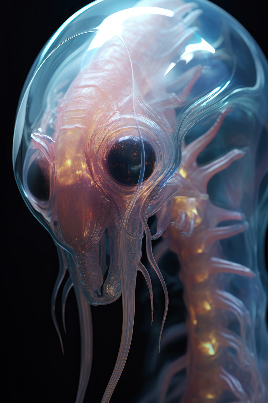 Transparent alien creature with big black eyes