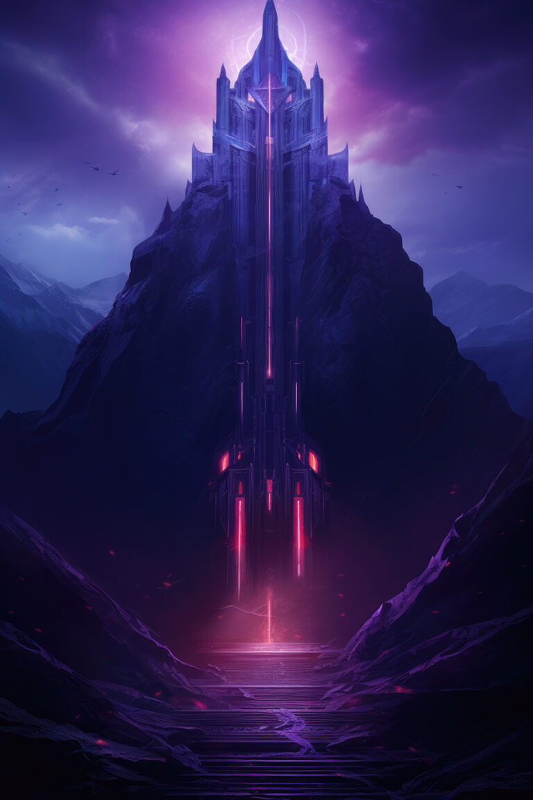 Huge violet tower in the mountain