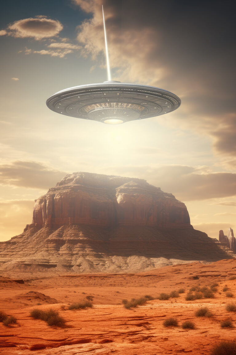 UFO disk over mountain in the desert