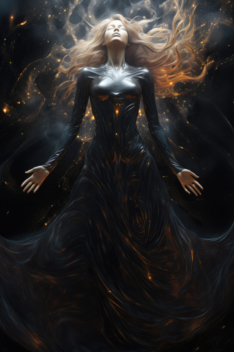 Fantasy girl in black waved dress and fire sparkles