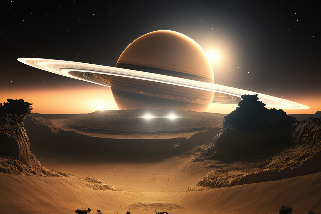 Saturn rising over planet landscape