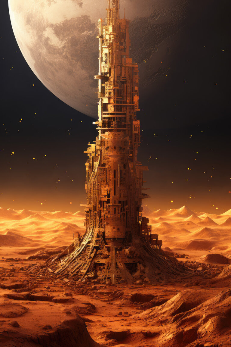 Tall abandoned metallic tower on the Mars, huge moon