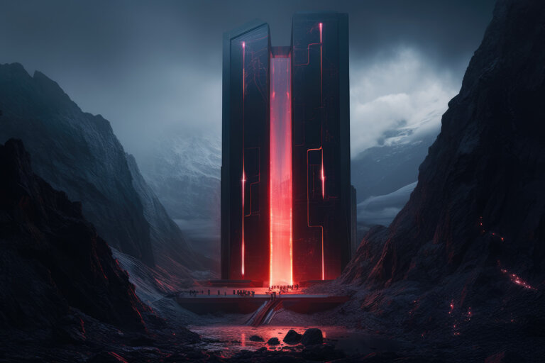 Huge futuristic dark tower with red lights