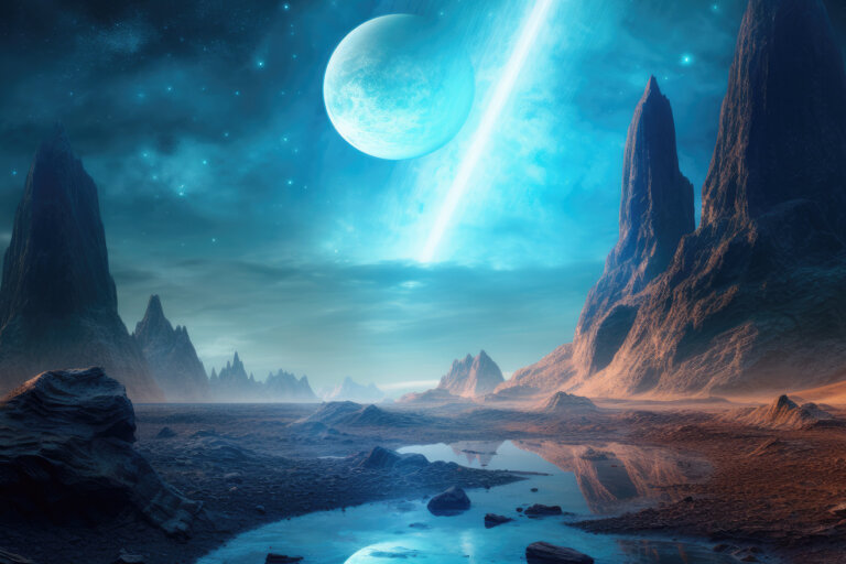 Mountain landscape on some planet with blue moon