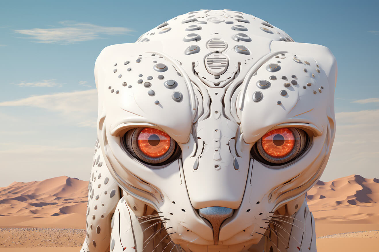 White robot jaguar in desert