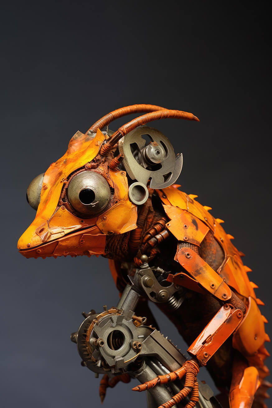 Orange chameleon metal robot