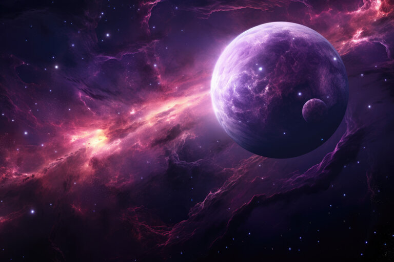 Violet planet in space, galaxy nebula background