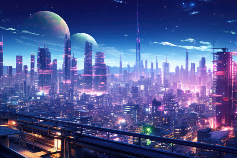 Futuristic neon city with two moons