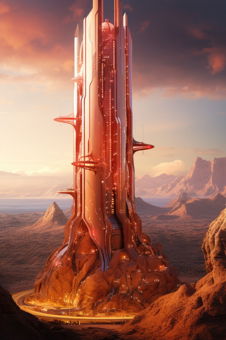 Huge glass red futuristic tower on some planet