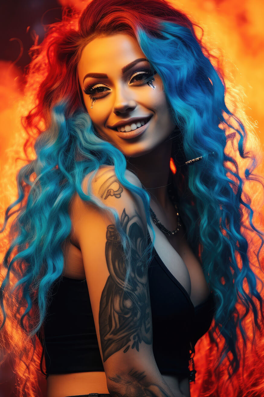 Smiling girl with blue hair and tattoo on orange background