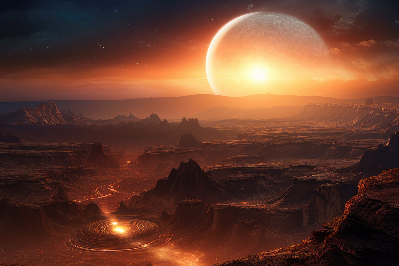 Red planet valley on sunset