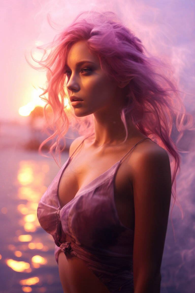 Pink haired girl in soft sunset lights