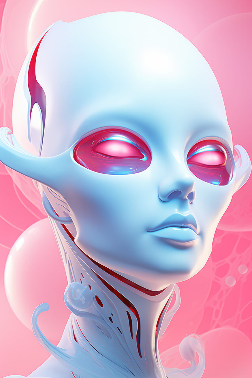 White alien woman with pink eyes