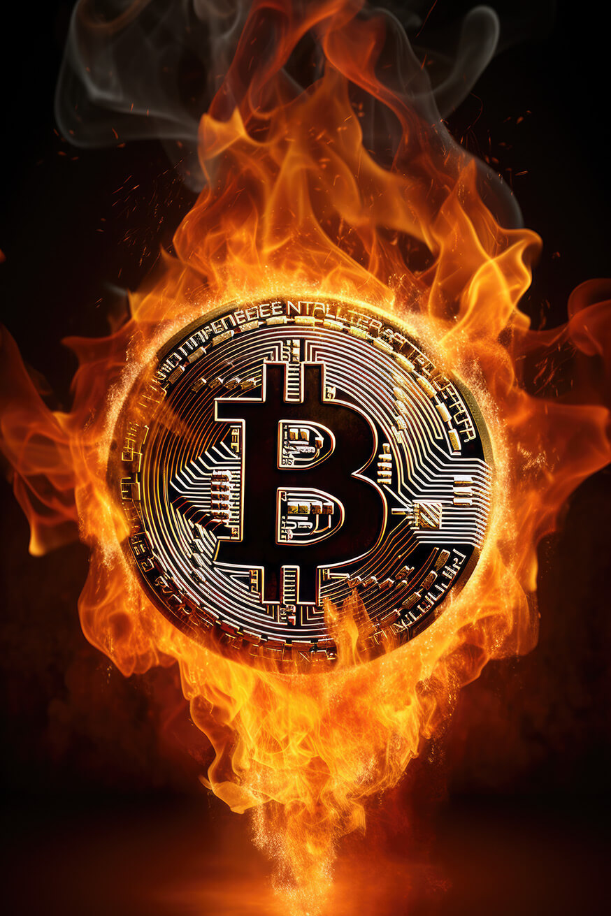 Bitcoin logo in the fire