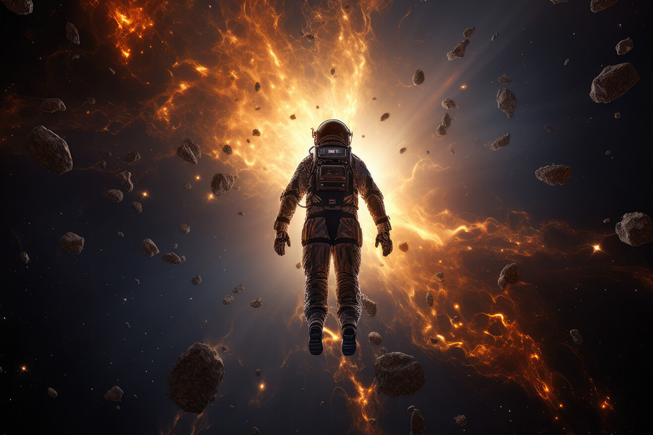 Astronaut flying in space in fire explosion