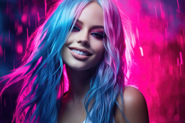 Beautiful long purple hair girl on vibrant neon background