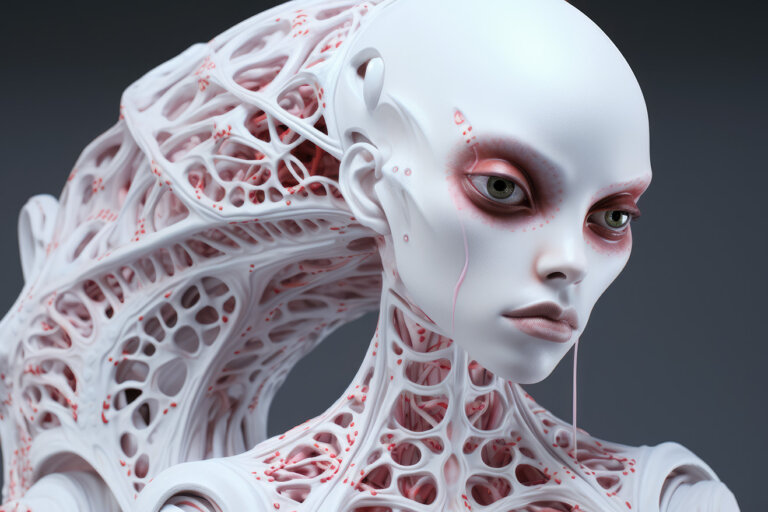 Alien girl with white soft skin and skeleton hair