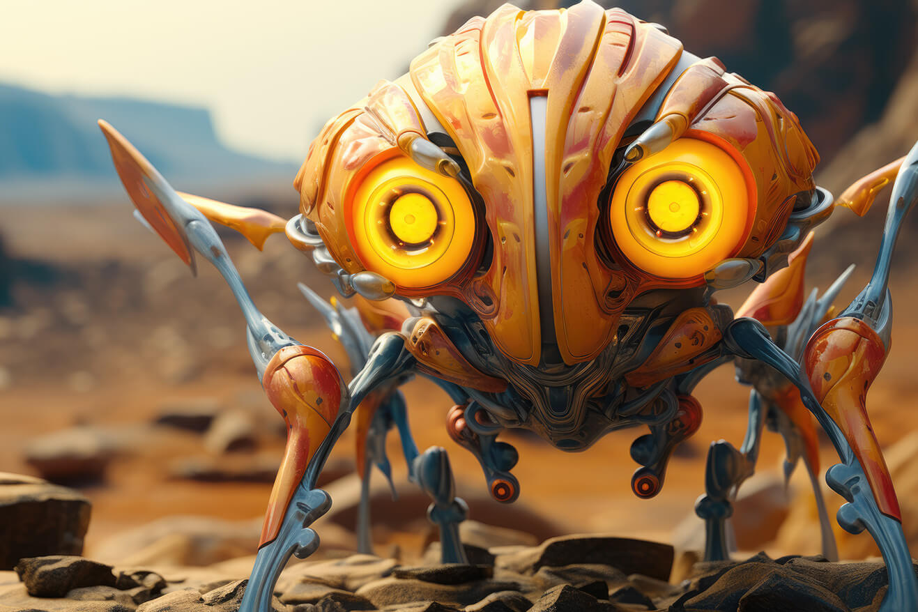 Robotic bug with yellow eyes