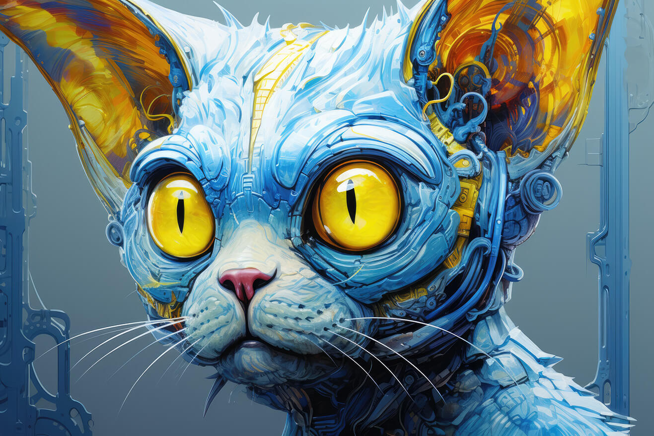 Blue cyborg cat with yellow eyes