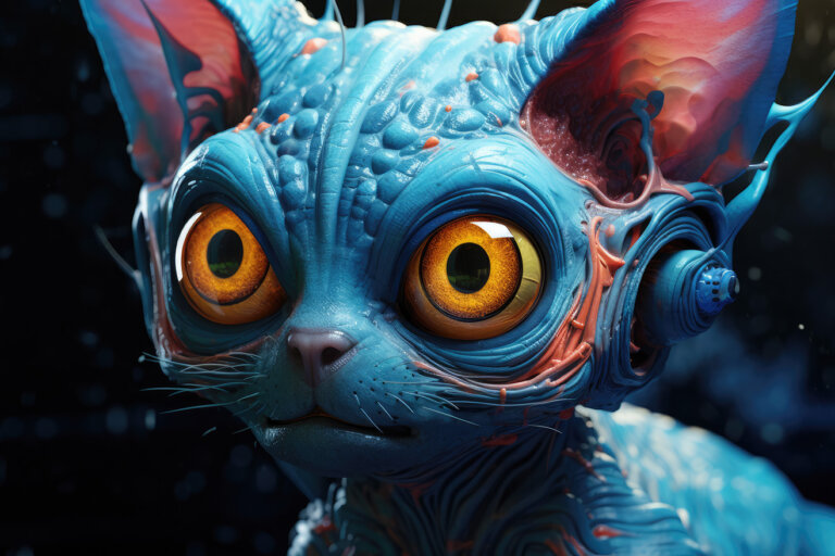 Blue cyborg cat with orange eyes