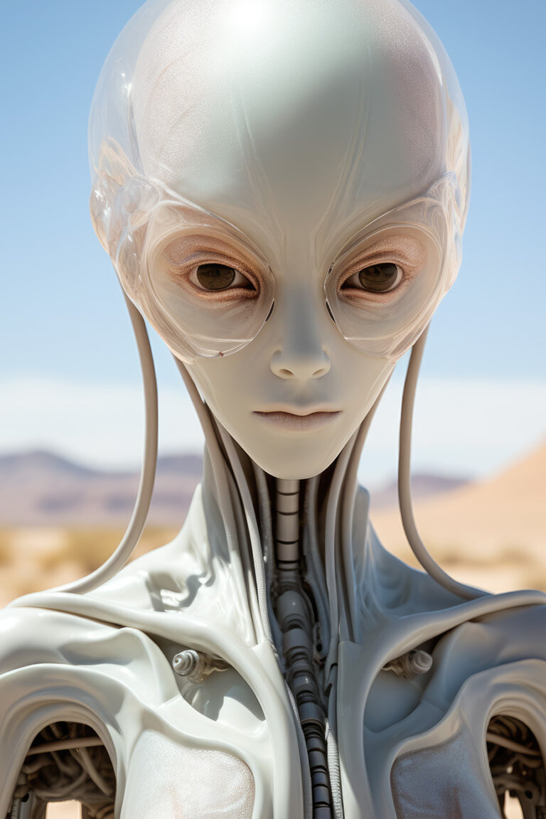 White alien woman in transparent helmet