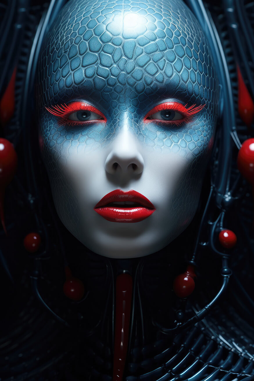 Alien woman with blue snake skin and red lips