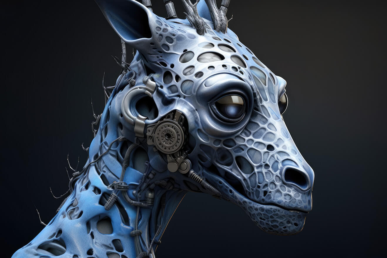 Robot giraffe with blue skin