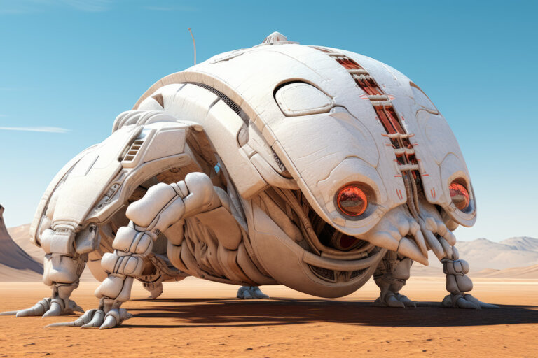 White robotic cockroach in desert