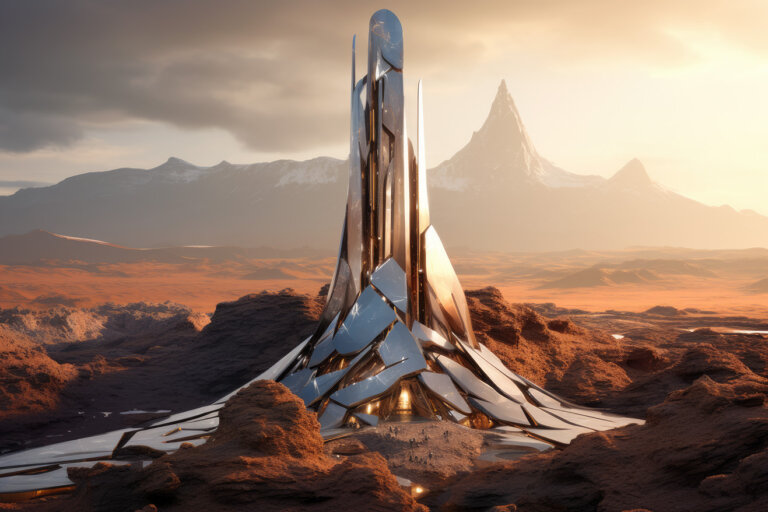 Futuristic silver metal shiny tower