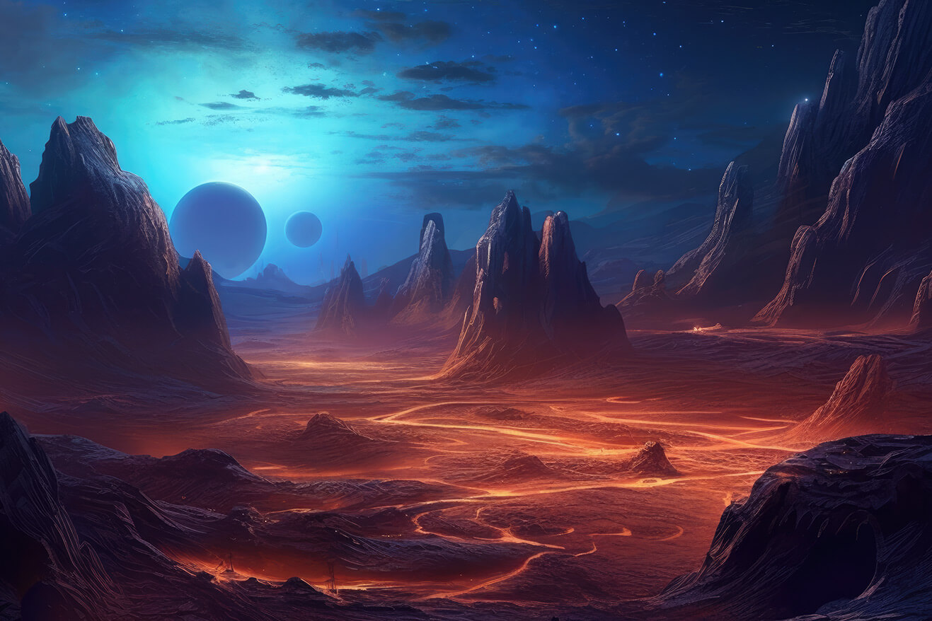 Night planet landscape with orange light in valley