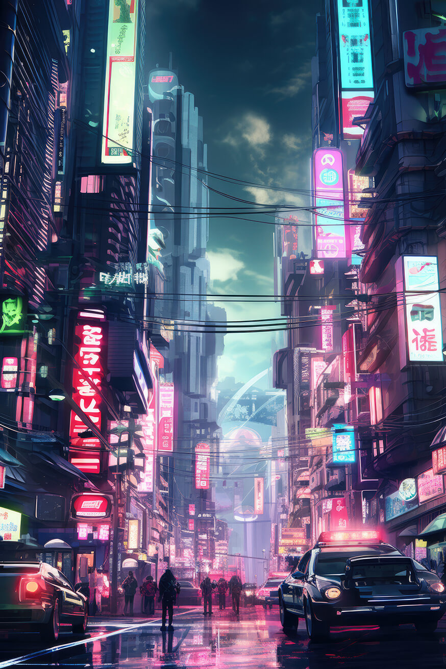 Neon city lights at night