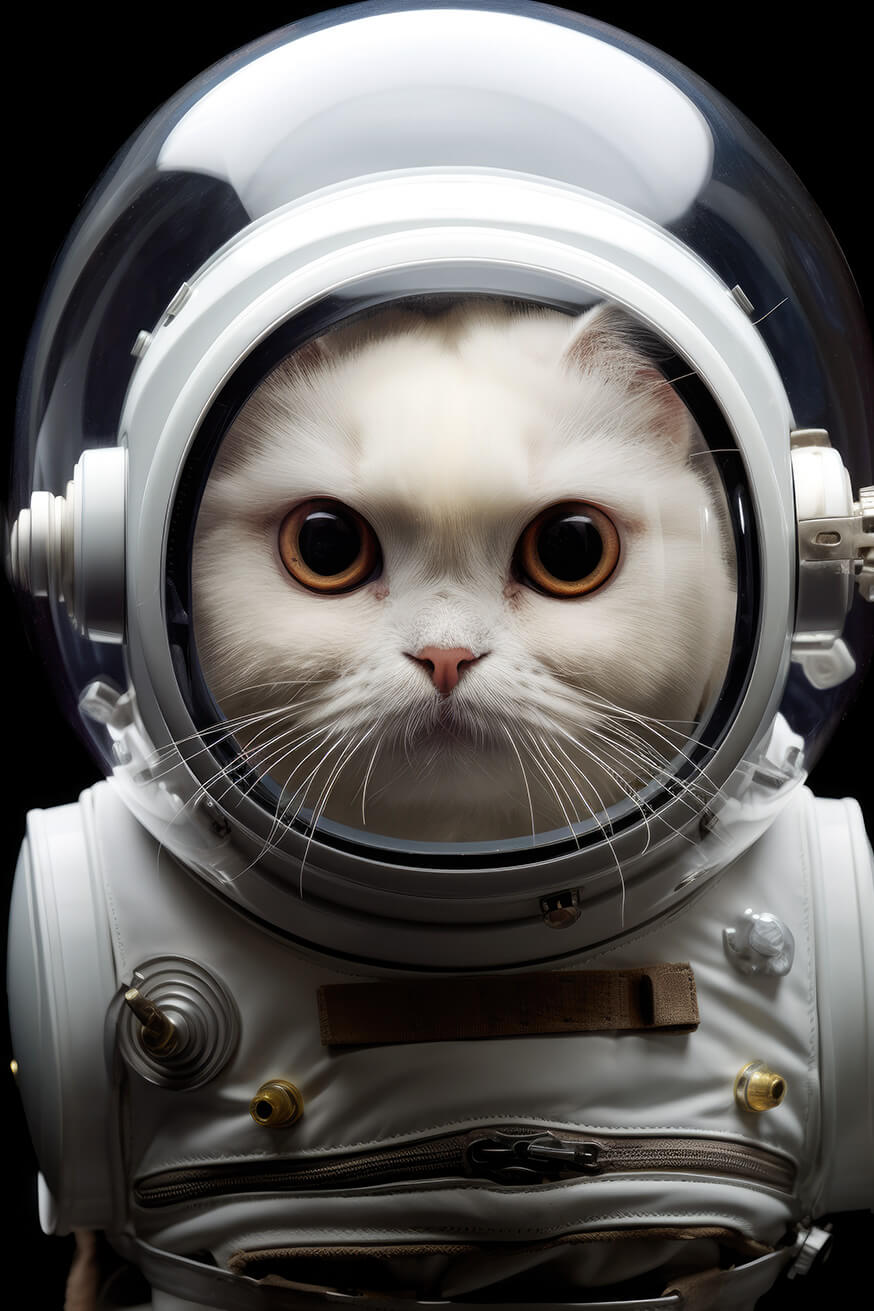 White cat in astronaut suit and transparent helmet