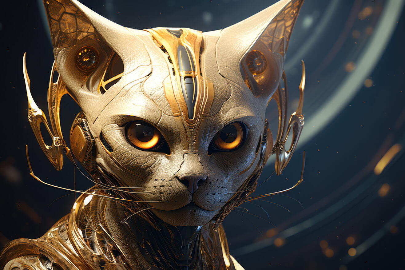 Strange alien golden cat with metallic body