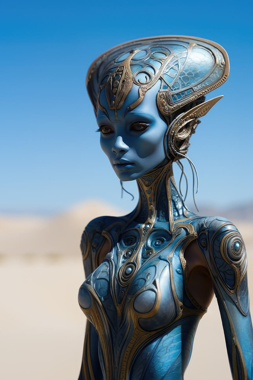 Alien woman with blue skin and royal outfit