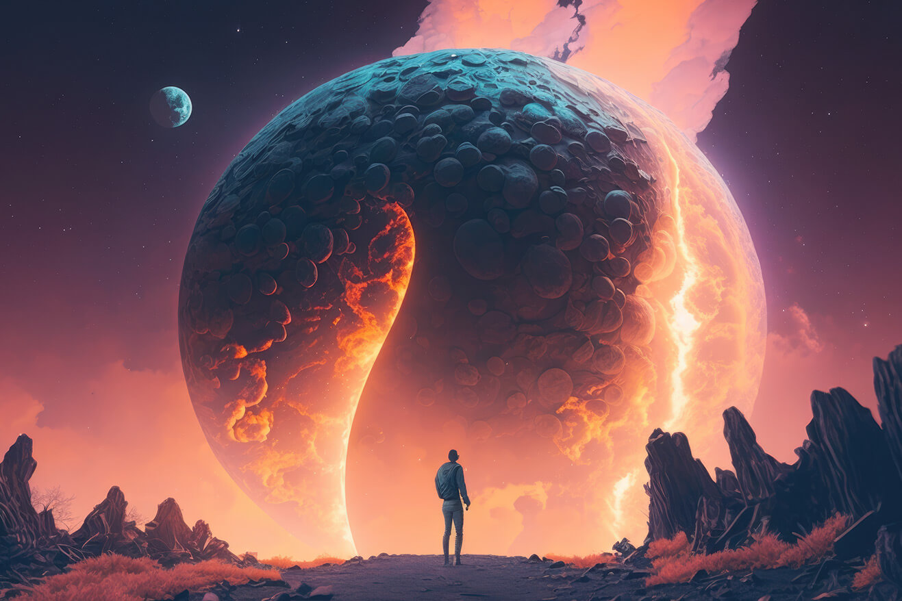 Man looking at huge strange planet in fire